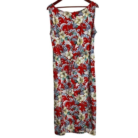 Vintage Naupaka Red Hawaiian Floral Midi Dress Womens XXL Made in Hawaii Summer - Picture 2 of 8